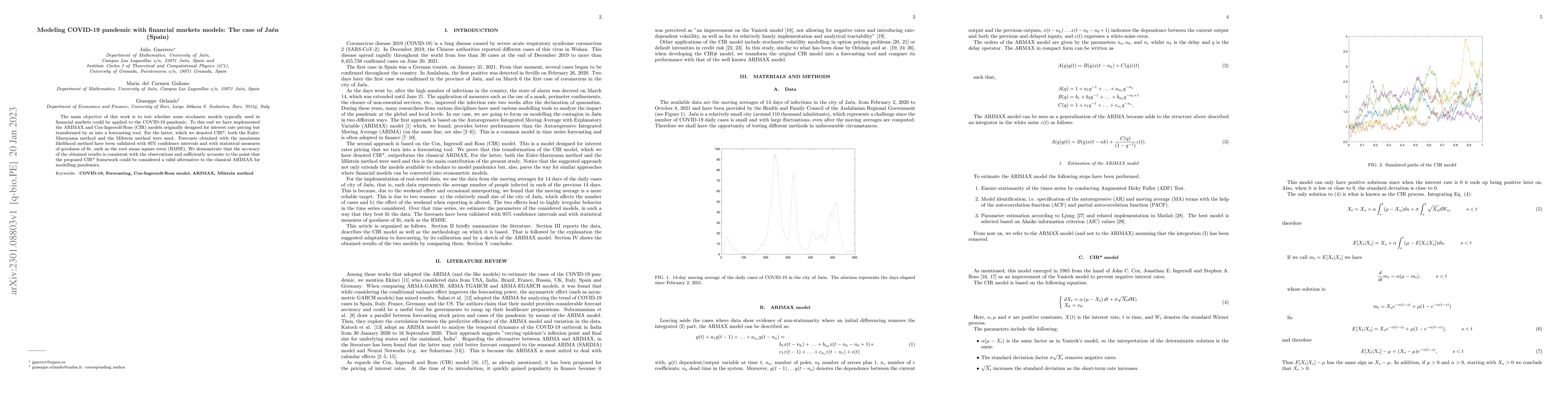 Thumbnail for Modeling COVID-19 pandemic with financial markets models: The case of
  Ja\'en (Spain)