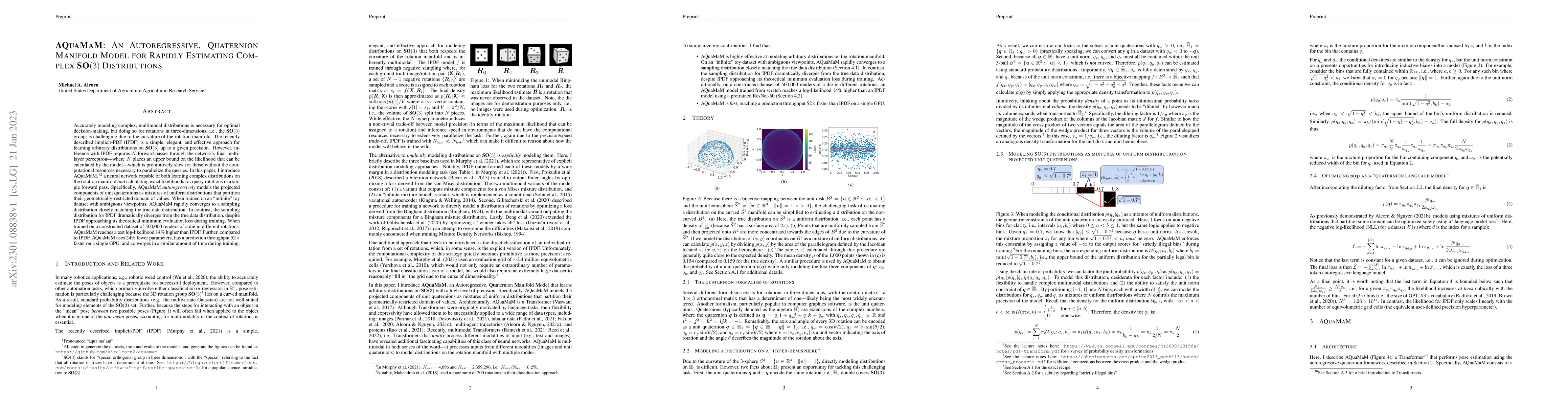 Thumbnail for AQuaMaM: An Autoregressive, Quaternion Manifold Model for Rapidly
  Estimating Complex SO(3) Distributions