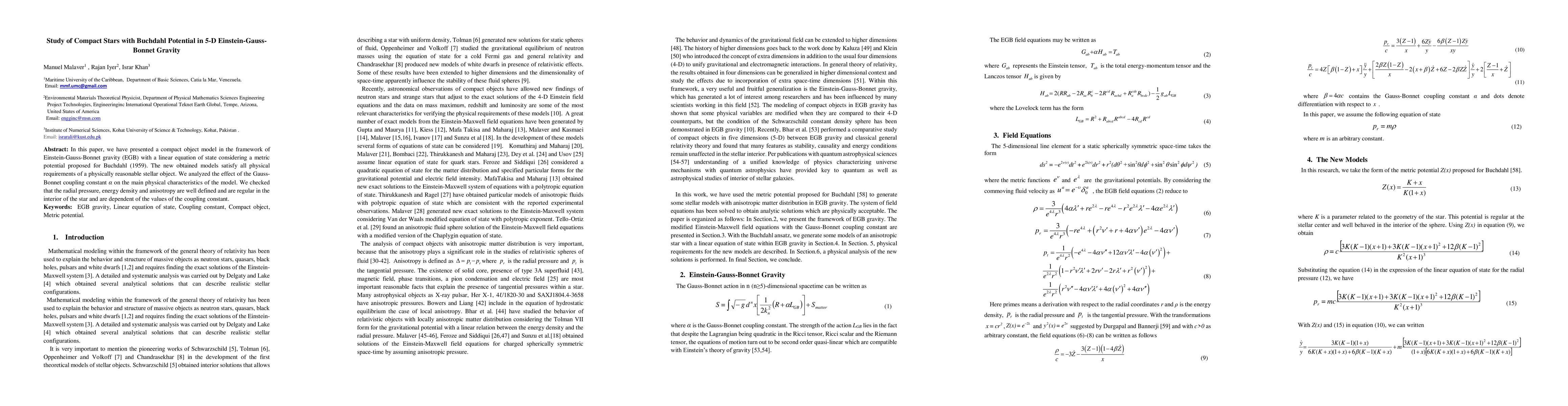Thumbnail for Study of Compact Stars with Buchdahl Potential in 5-D
  Einstein-Gauss-Bonnet Gravity