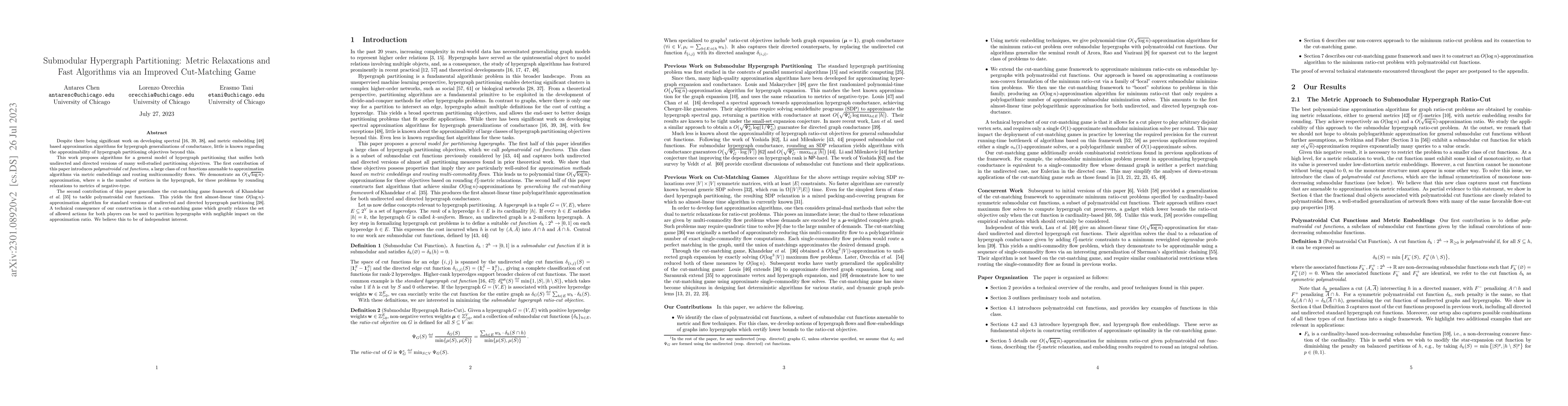Thumbnail for Submodular Hypergraph Partitioning: Metric Relaxations and Fast
  Algorithms via an Improved Cut-Matching Game