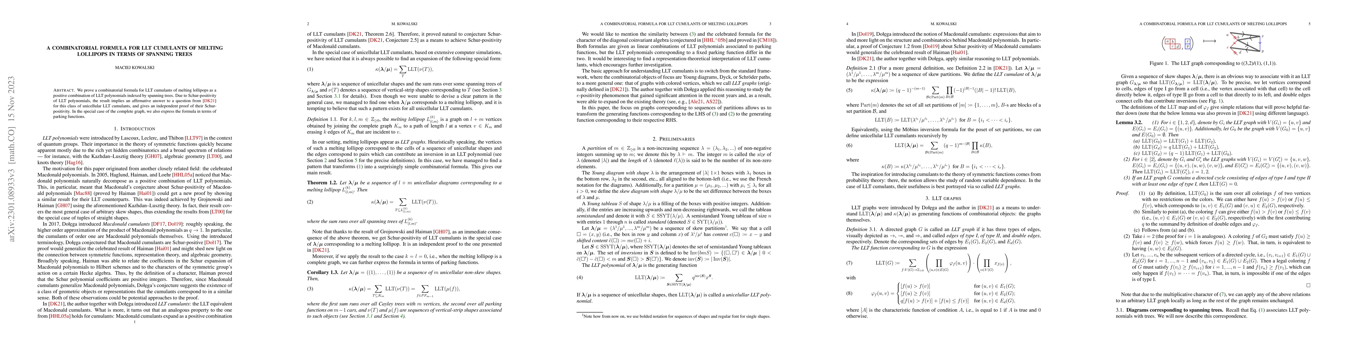 Thumbnail for A combinatorial formula for LLT cumulants of melting lollipops in terms
  of spanning trees