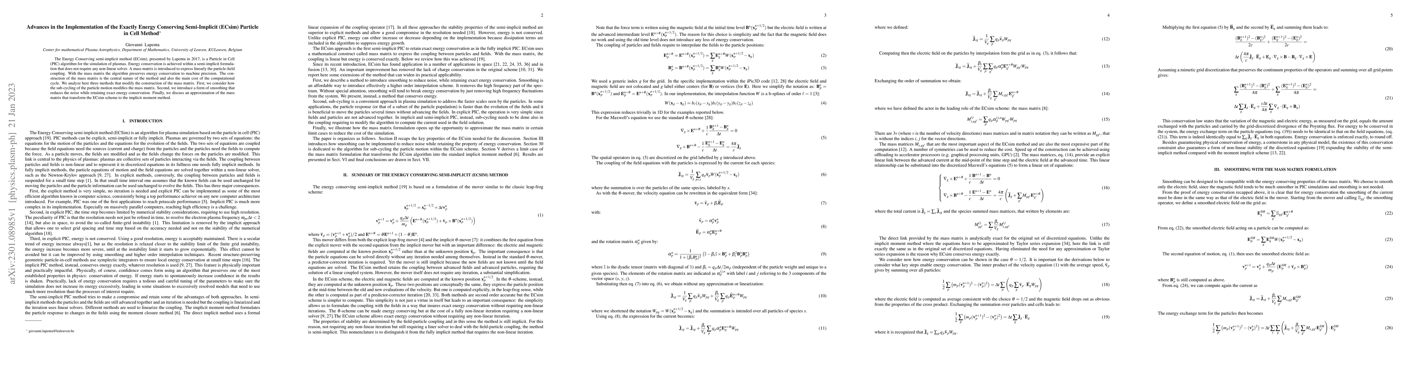 Thumbnail for Advances in the Implementation of the Exactly Energy Conserving
  Semi-Implicit (ECsim) Particle in Cell Method