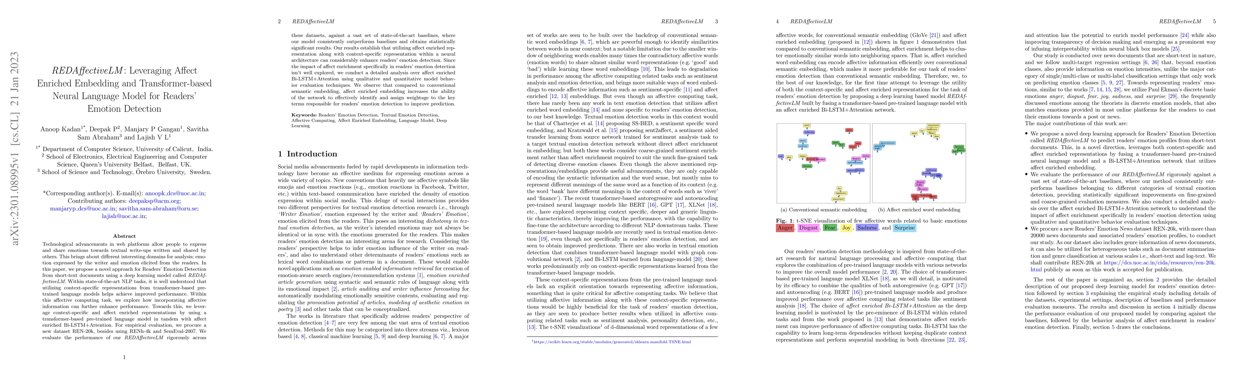 Thumbnail for REDAffectiveLM: Leveraging Affect Enriched Embedding and
  Transformer-based Neural Language Model for Readers' Emotion Detection