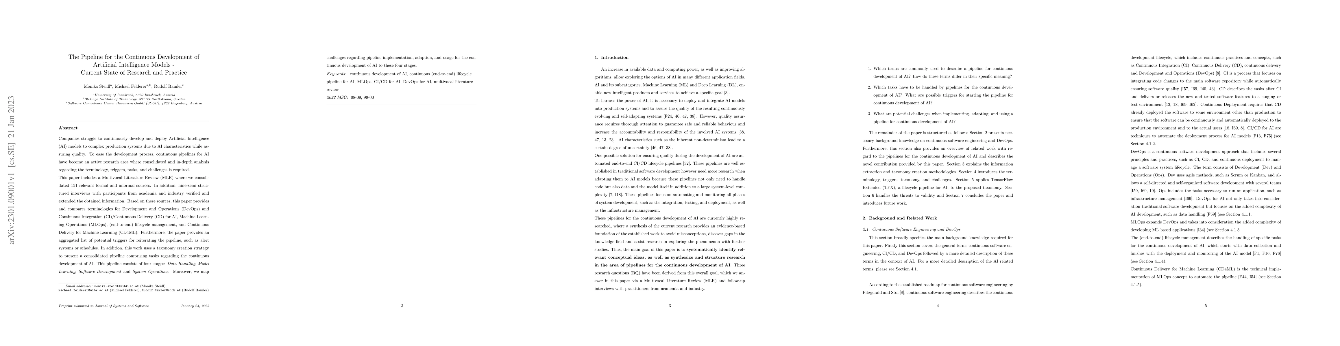 Thumbnail for The Pipeline for the Continuous Development of Artificial Intelligence
  Models -- Current State of Research and Practice