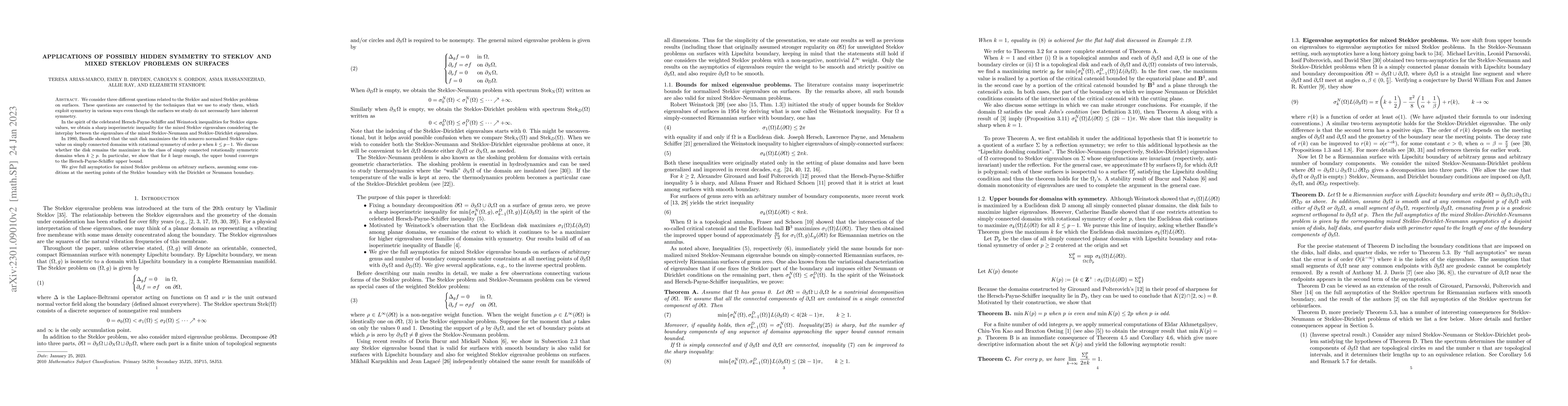 Thumbnail for Applications of possibly hidden symmetry to Steklov and mixed Steklov
  problems on surfaces