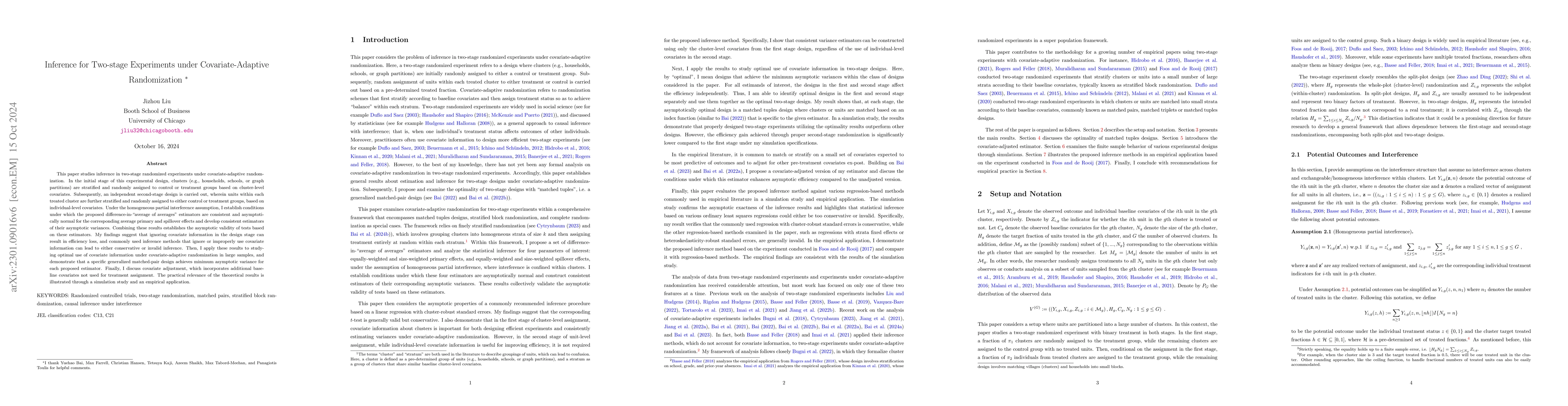 Thumbnail for Inference for Two-stage Experiments under Covariate-Adaptive
  Randomization