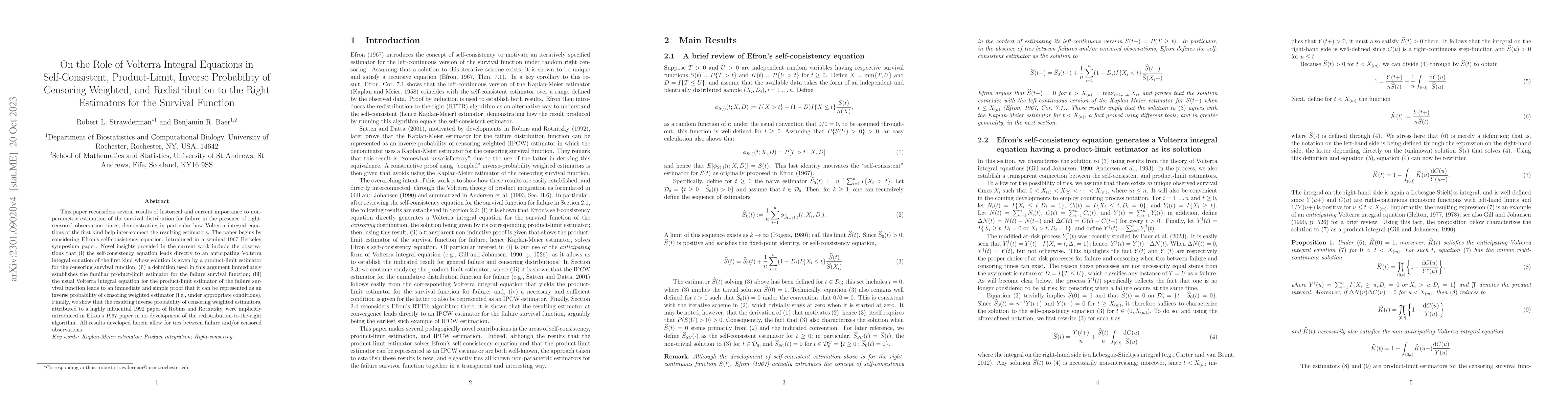 Thumbnail for On the Role of Volterra Integral Equations in Self-Consistent,
  Product-Limit, Inverse Probability of Censoring Weighted, and
  Redistribution-to-the-Right Estimators for the Survival Function