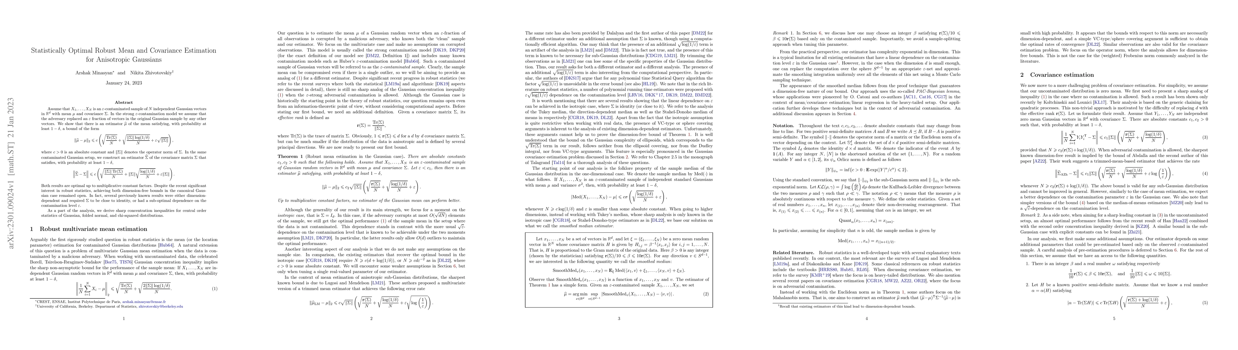 Thumbnail for Statistically Optimal Robust Mean and Covariance Estimation for
  Anisotropic Gaussians