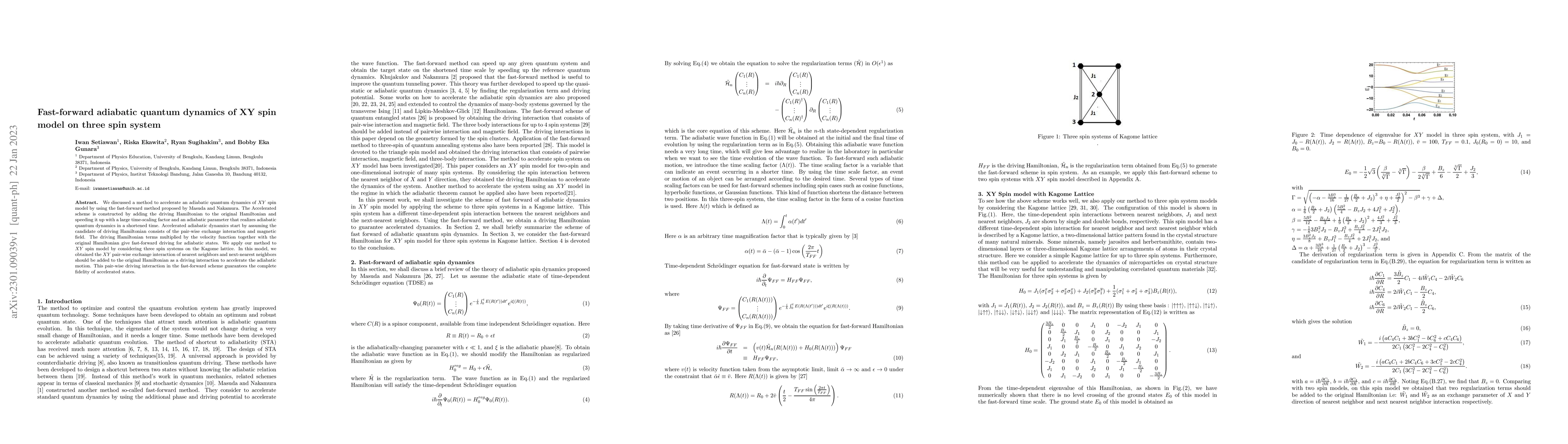 Thumbnail for Fast-forward adiabatic quantum dynamics of XY spin model on three spin
  system