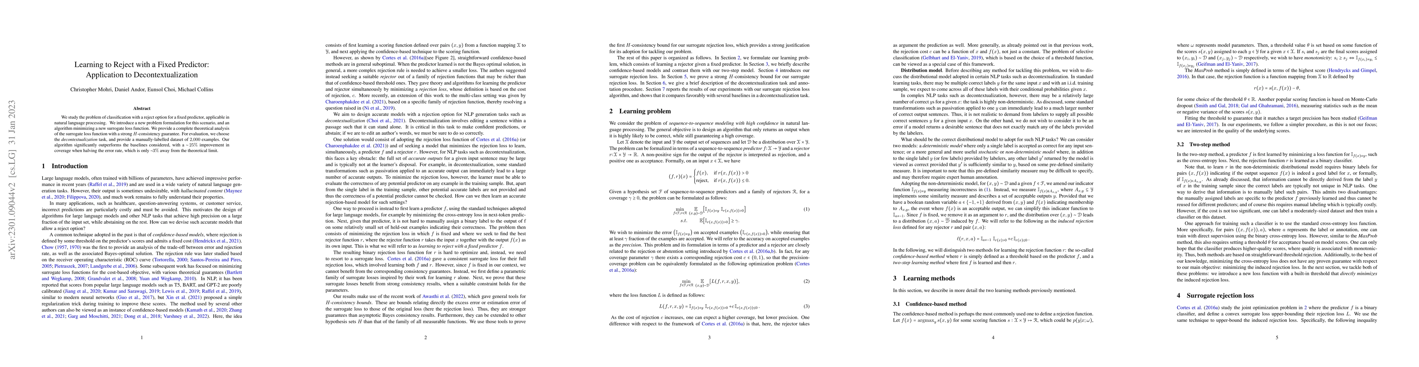 Thumbnail for Learning to Reject with a Fixed Predictor: Application to
  Decontextualization