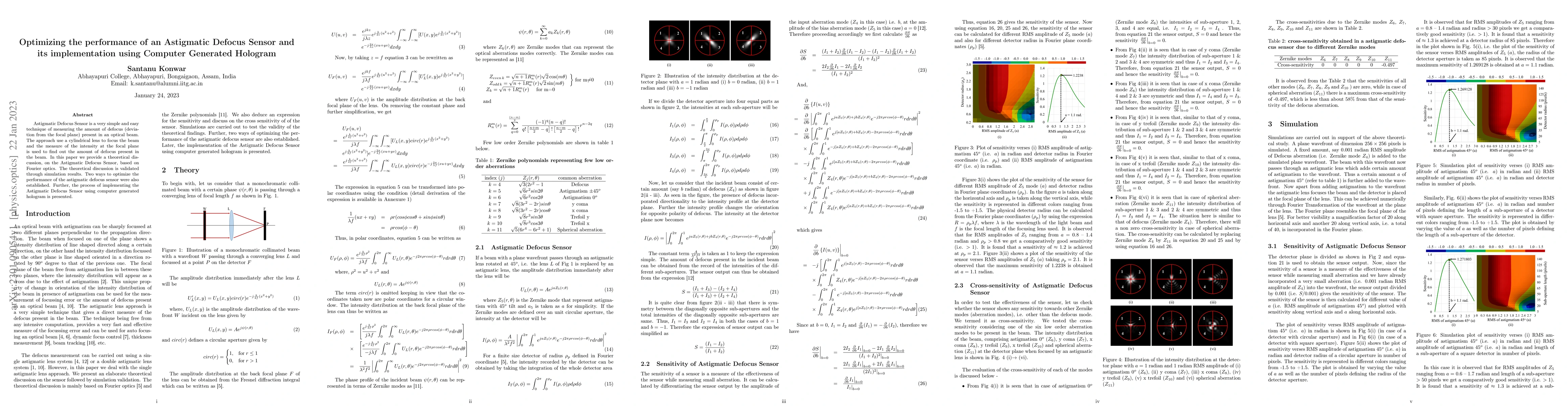 Thumbnail for Optimizing the performance of an Astigmatic Defocus Sensor and its
  implementation using Computer Generated Hologram