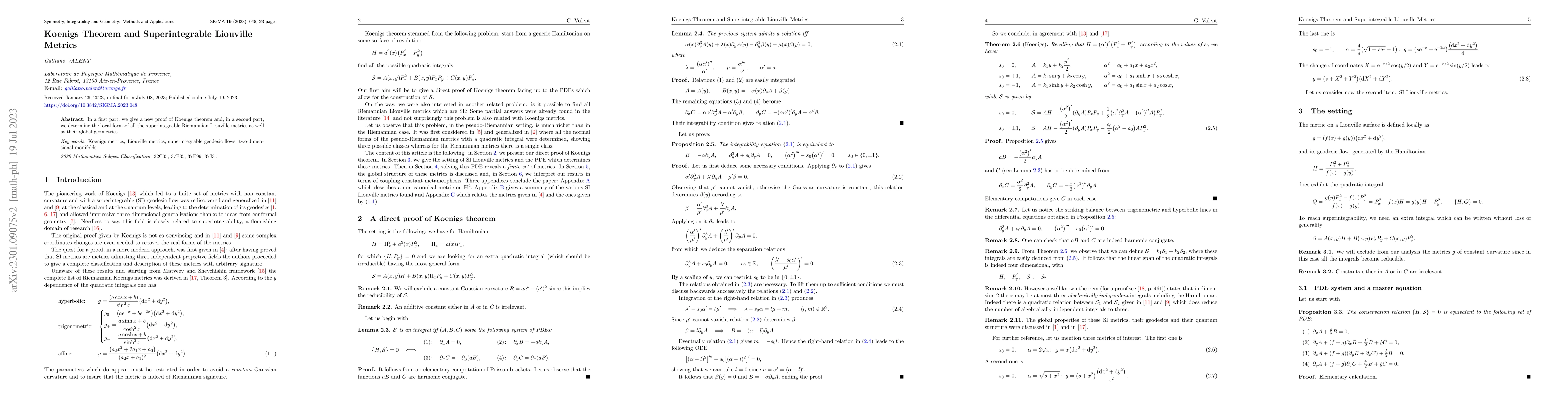 Thumbnail for Koenigs Theorem and Superintegrable Liouville Metrics