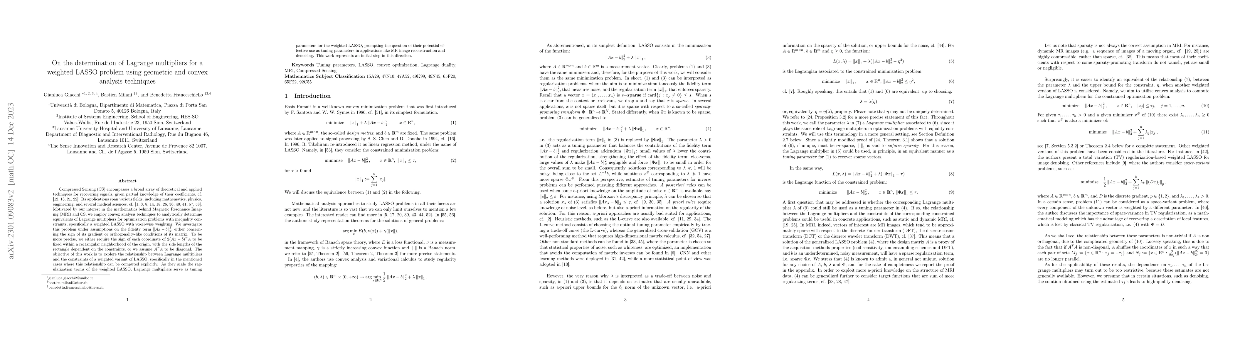 Thumbnail for On the determination of Lagrange Multipliers for a weighted LASSO
  problem using geometric and convex analysis techniques