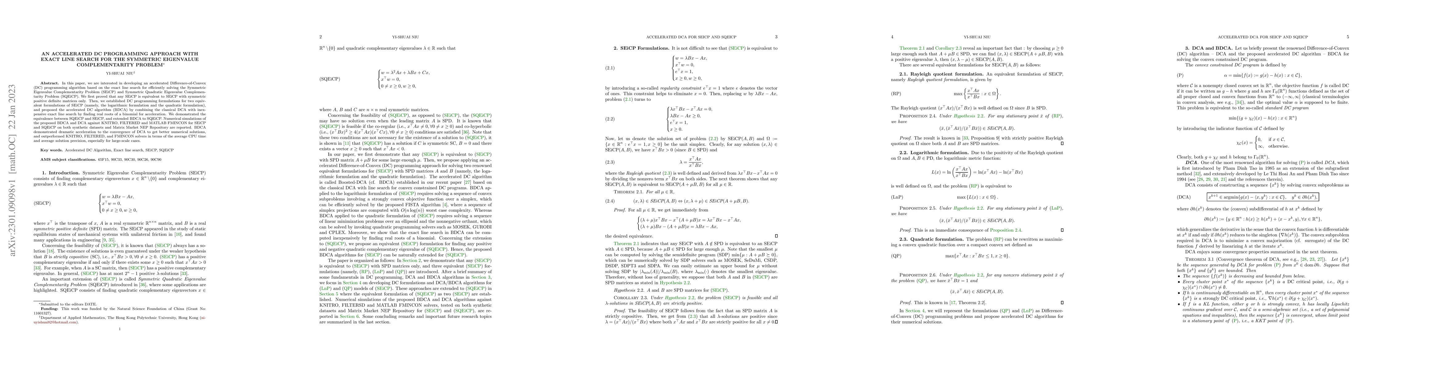 Thumbnail for An Accelerated DC Programming Approach with Exact Line Search for The
  Symmetric Eigenvalue Complementarity Problem