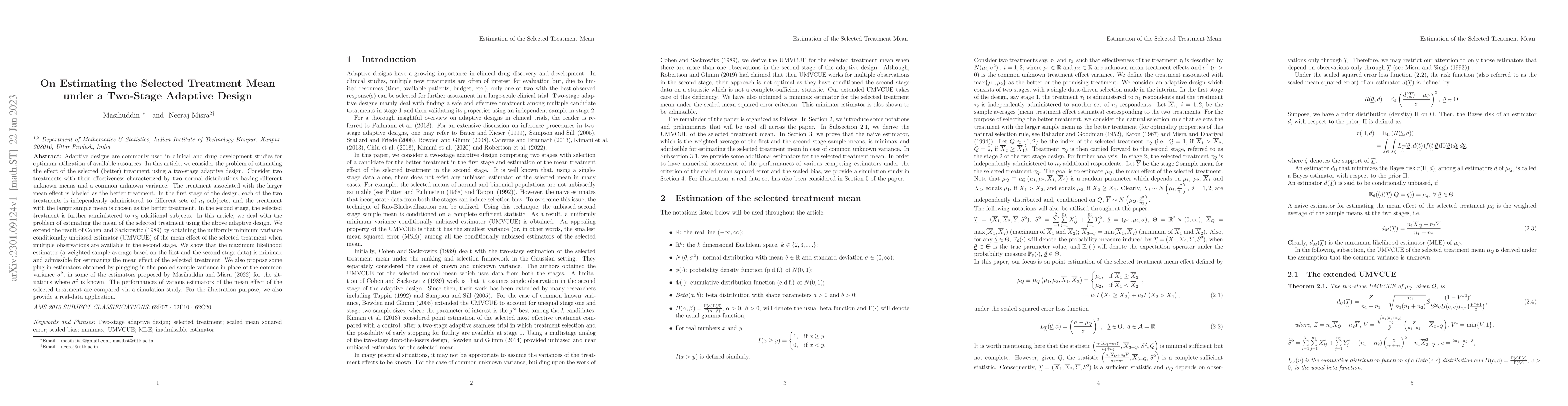 Thumbnail for On Estimating the Selected Treatment Mean under a Two-Stage Adaptive
  Design