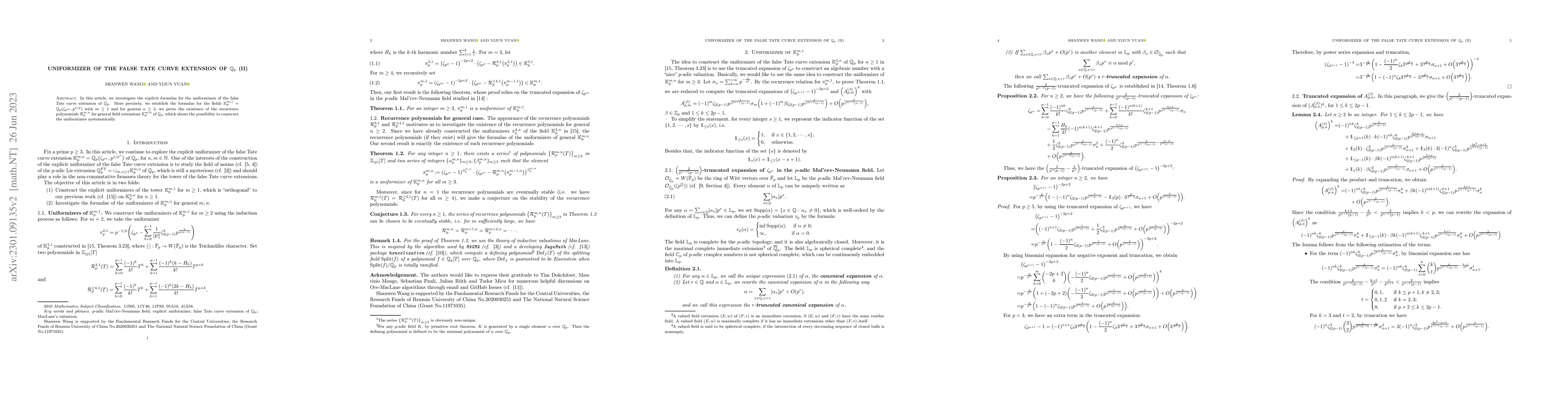 Thumbnail for Uniformizer of the False Tate Curve Extension of $\mathbb{Q}_p$ (II)