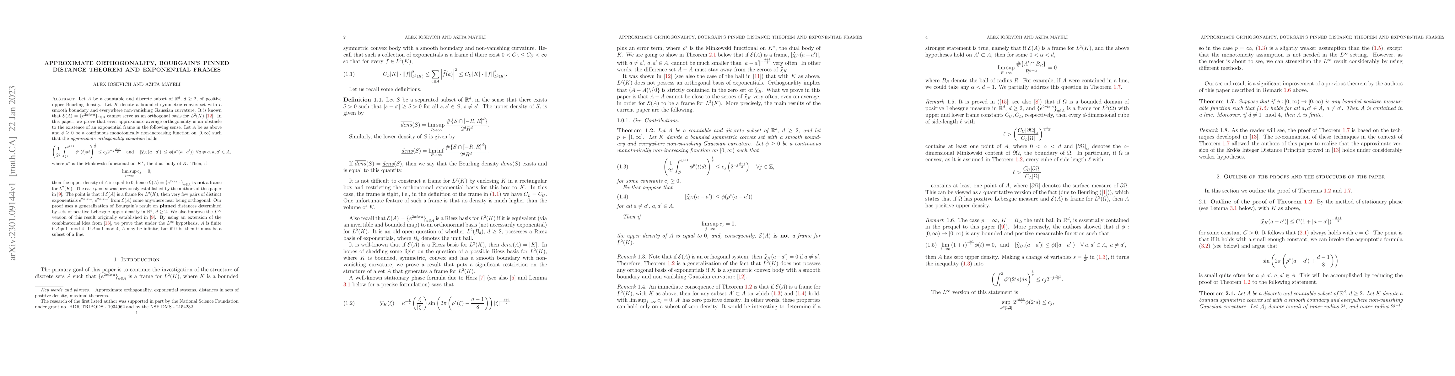 Thumbnail for Approximate orthogonality, Bourgain's pinned distance theorem and
  exponential frames