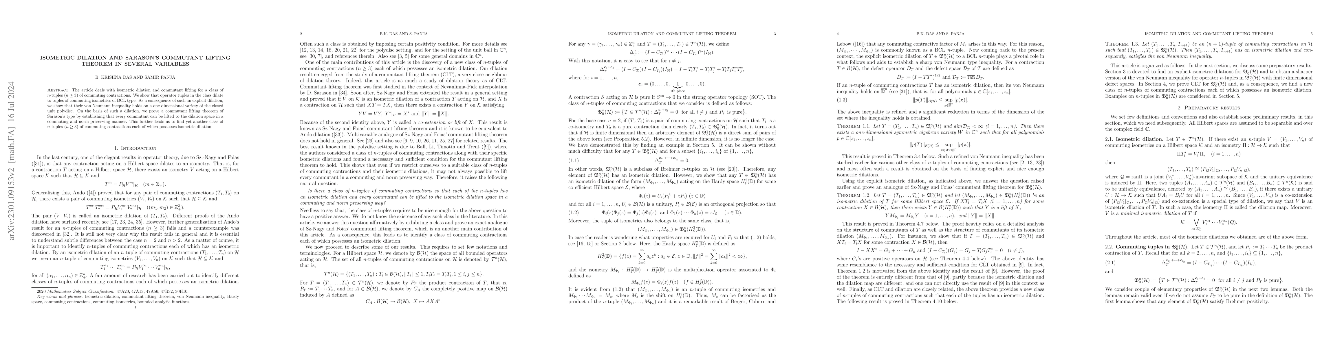 Thumbnail for Isometric dilation and Sarason's commutant lifting theorem in several
  variables