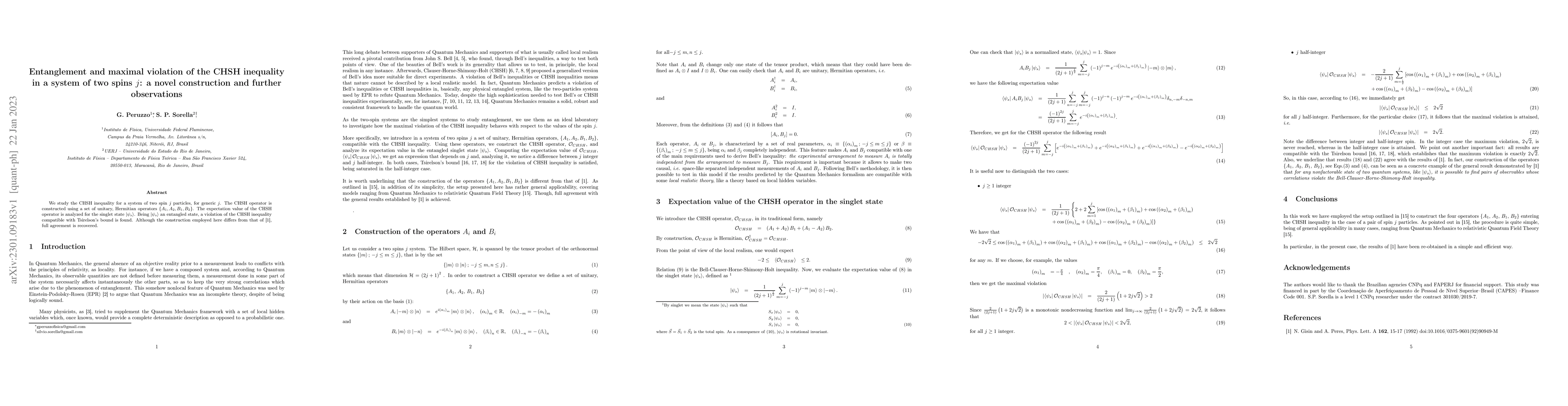 Thumbnail for Entanglement and maximal violation of the CHSH inequality in a system of
  two spins j: a novel construction and further observations