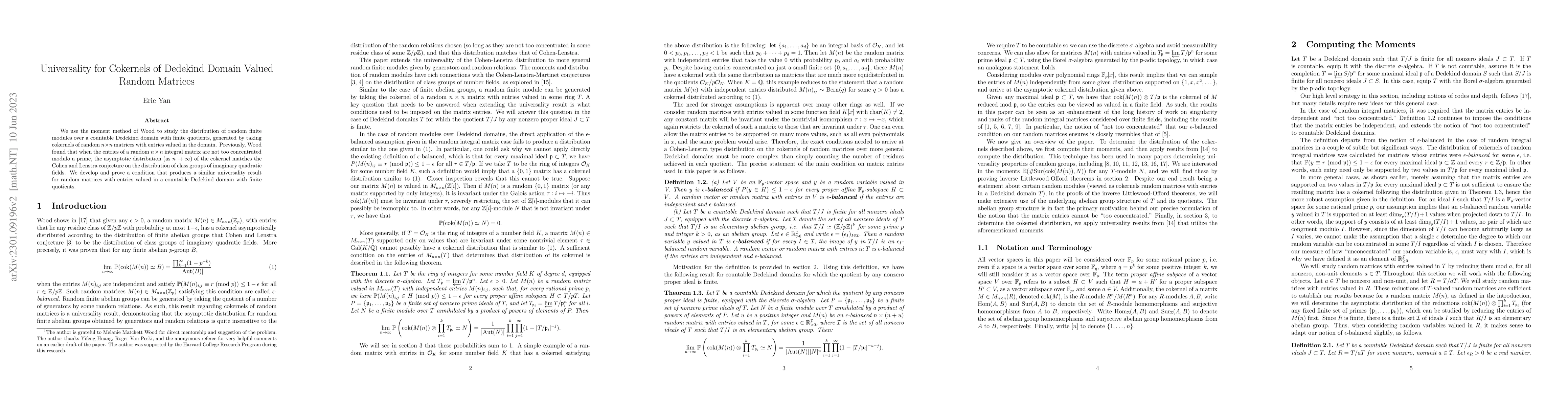 Thumbnail for Universality for Cokernels of Dedekind Domain Valued Random Matrices