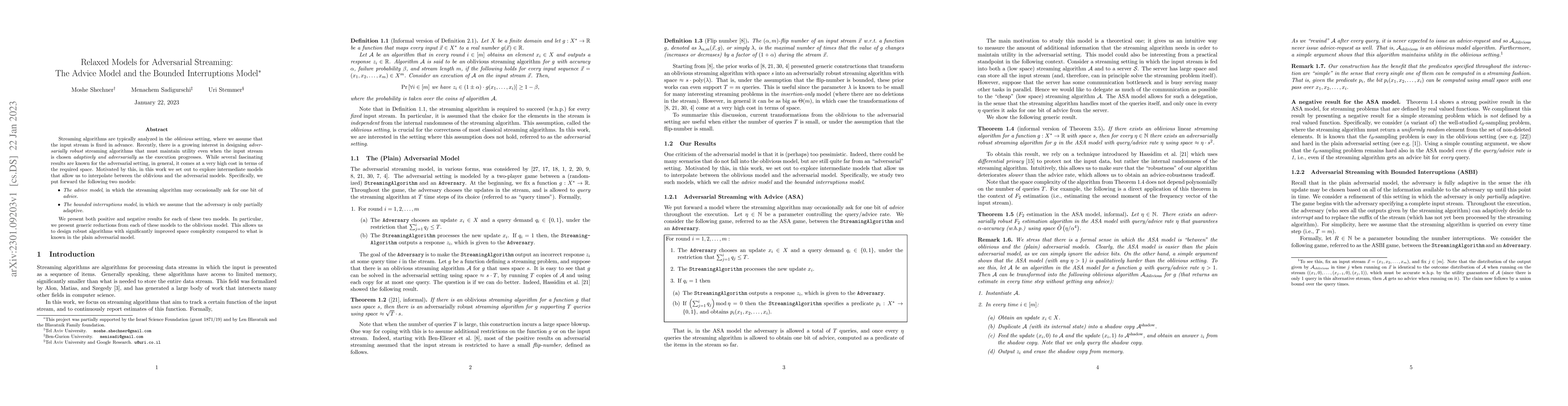 Thumbnail for Relaxed Models for Adversarial Streaming: The Advice Model and the
  Bounded Interruptions Model