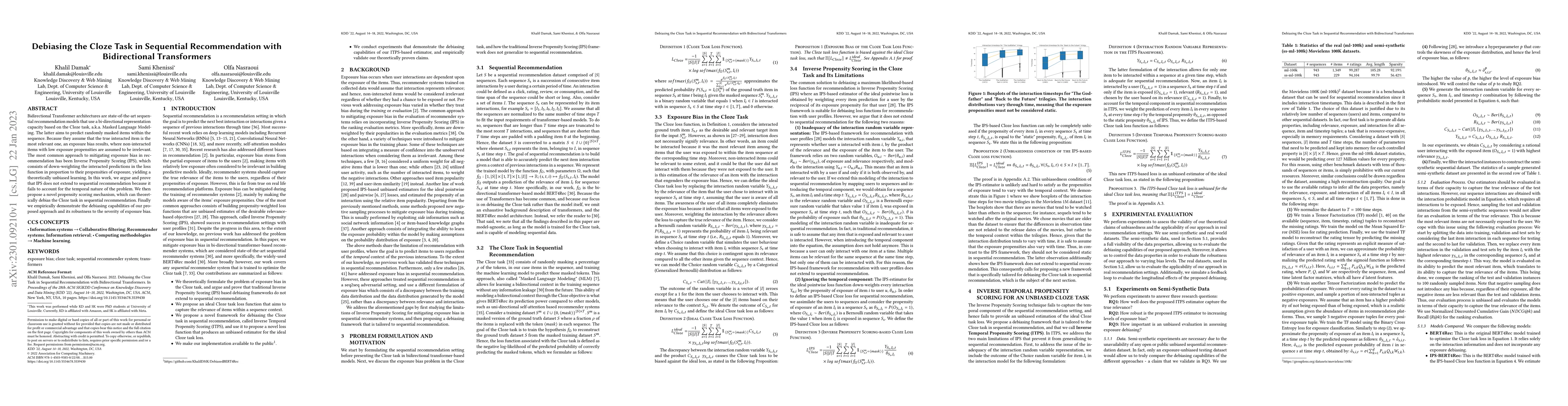 Thumbnail for Debiasing the Cloze Task in Sequential Recommendation with Bidirectional
  Transformers