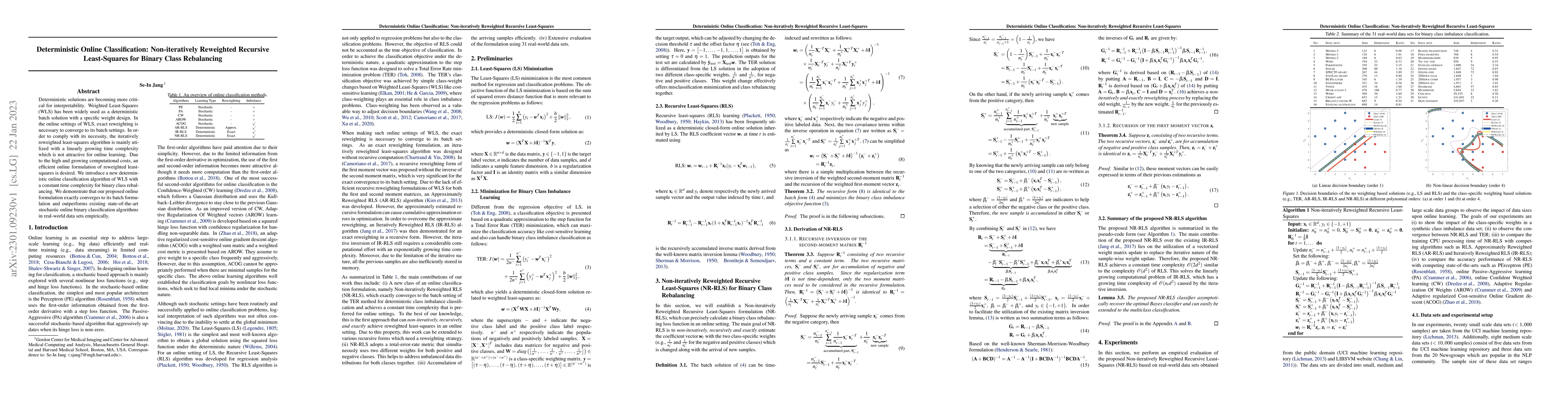 Thumbnail for Deterministic Online Classification: Non-iteratively Reweighted
  Recursive Least-Squares for Binary Class Rebalancing