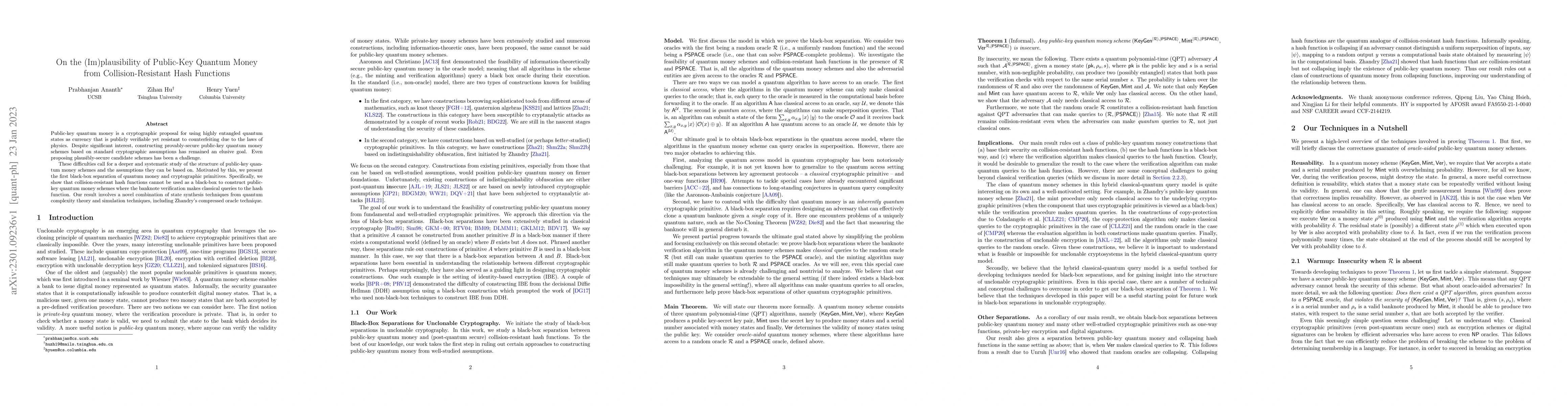 Thumbnail for On the (Im)plausibility of Public-Key Quantum Money from
  Collision-Resistant Hash Functions