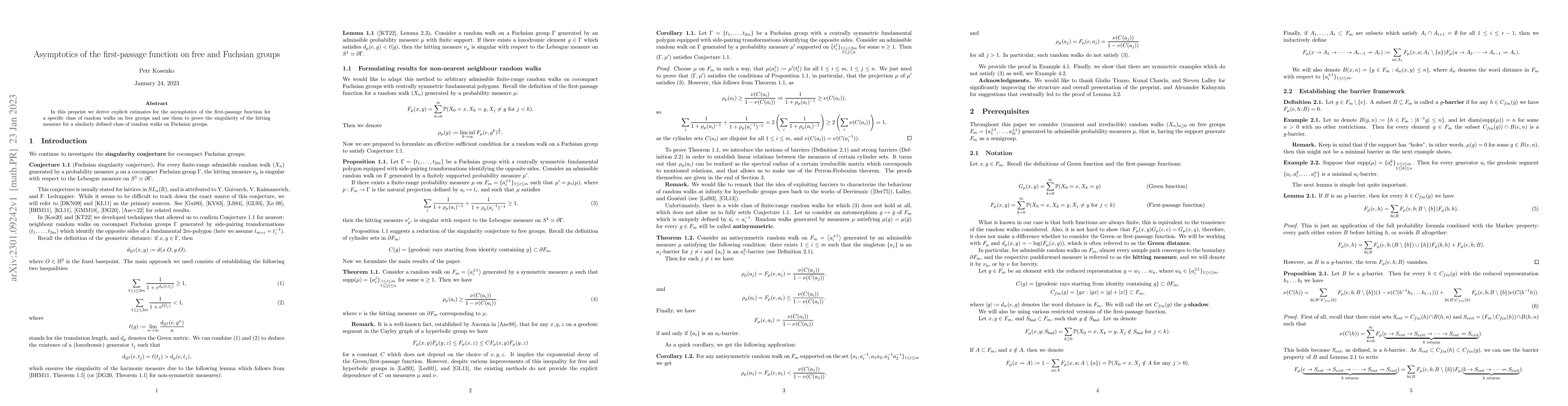 Thumbnail for Asymptotics of the first-passage function on free and Fuchsian groups