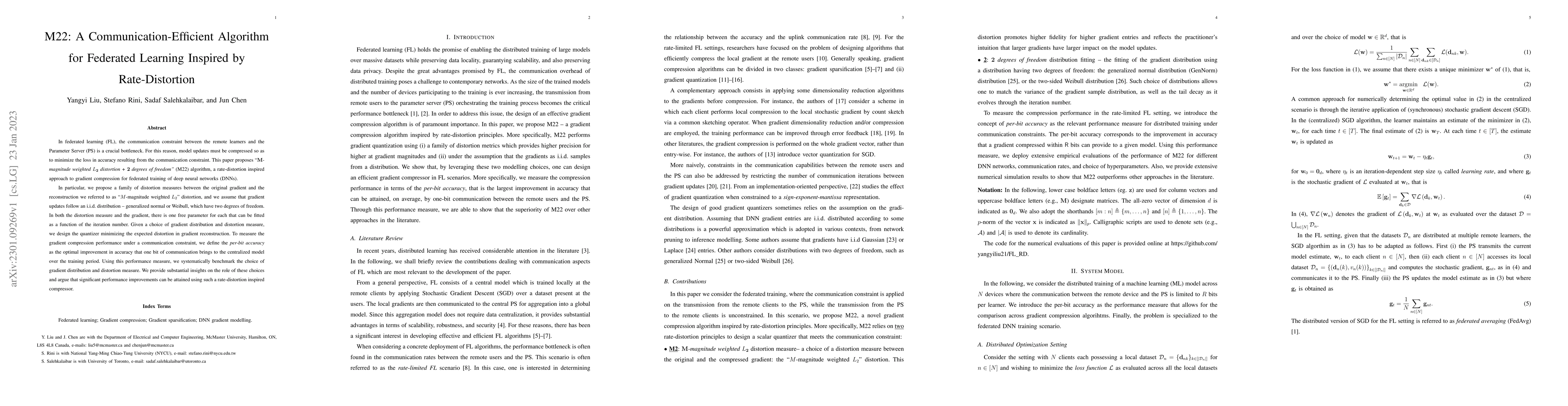 Thumbnail for M22: A Communication-Efficient Algorithm for Federated Learning Inspired
  by Rate-Distortion
