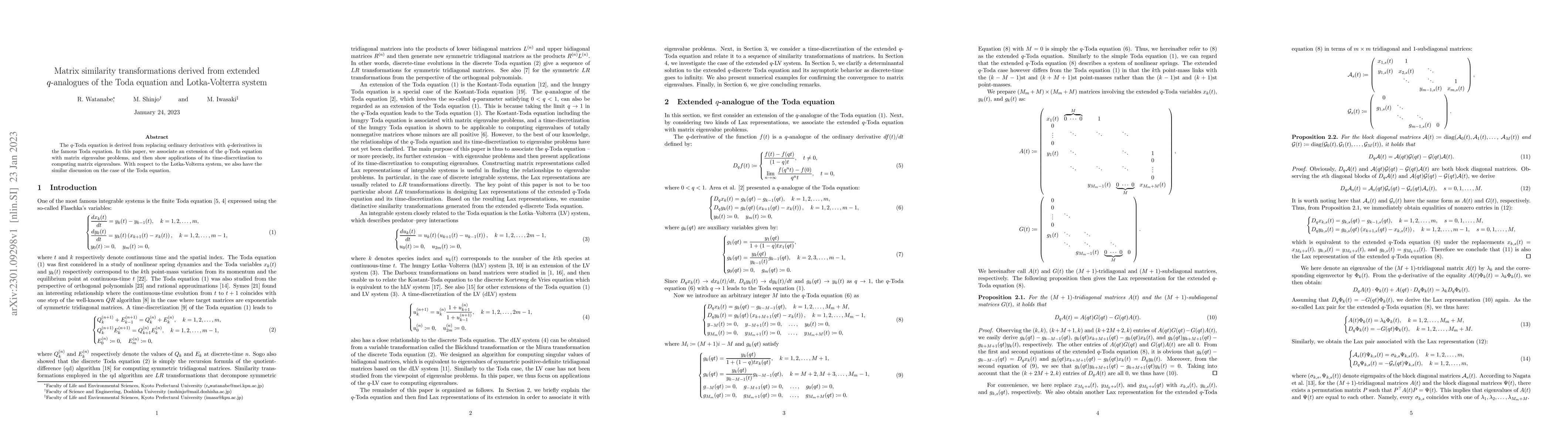 Thumbnail for Matrix similarity transformations derived from extended $q$-analogues of
  the Toda equation and Lotka-Volterra system