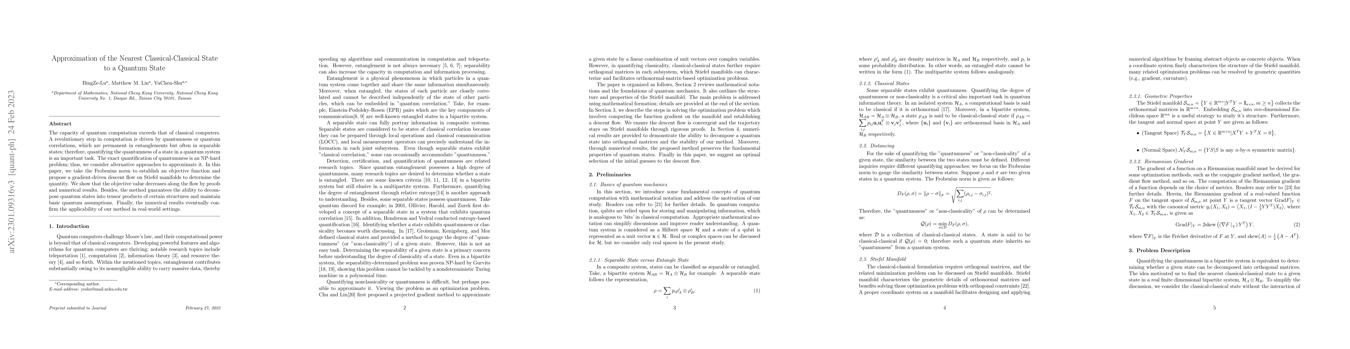 Thumbnail for Approximation of the Nearest Classical-Classical State to a Quantum
  State