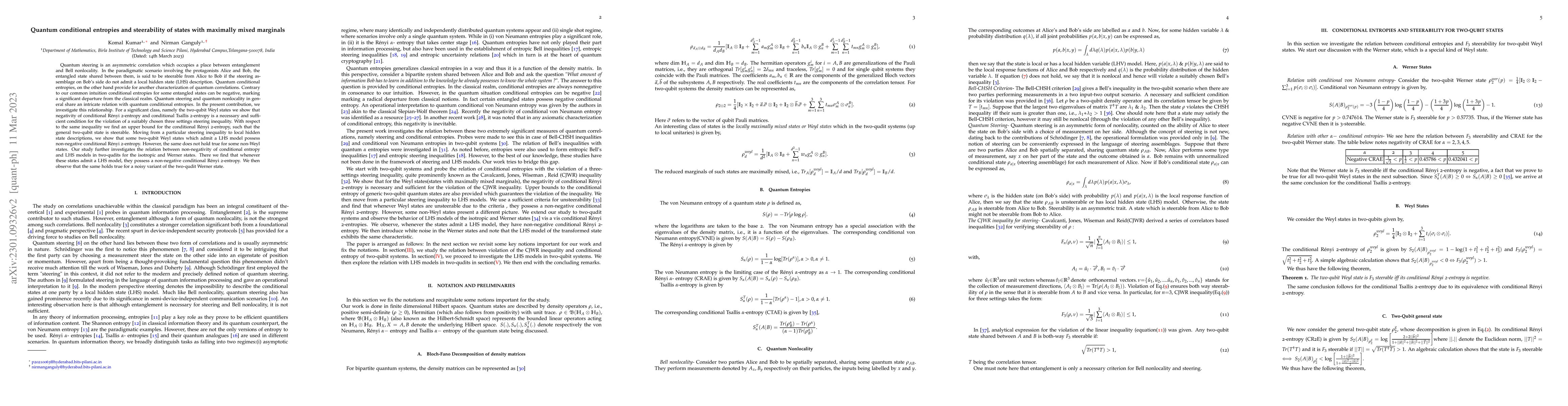 Thumbnail for Quantum conditional entropies and steerability of states with maximally
  mixed marginals