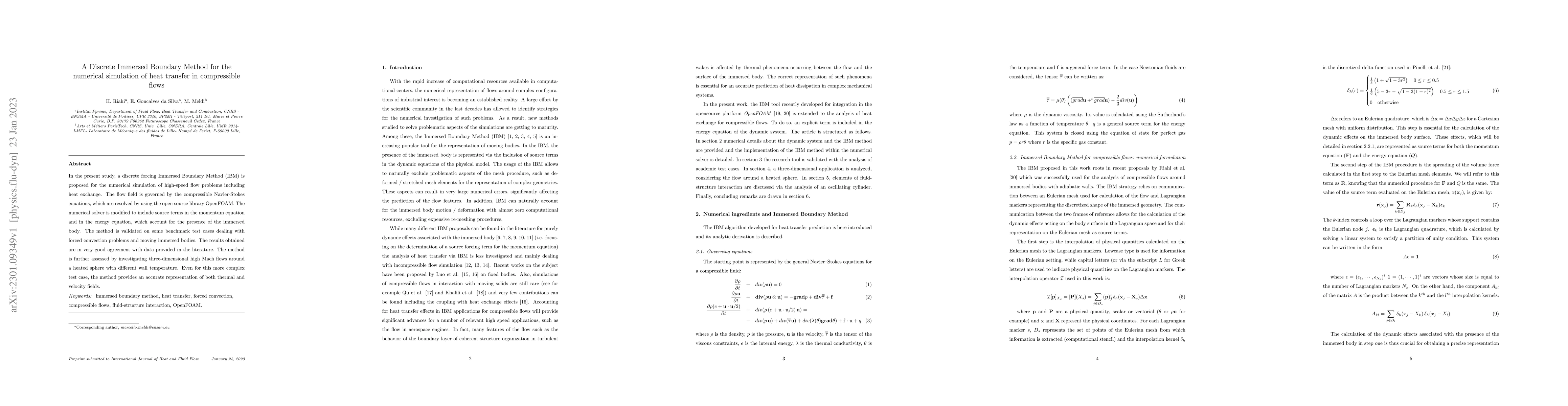 Thumbnail for A Discrete Immersed Boundary Method for the numerical simulation of heat
  transfer in compressible flows