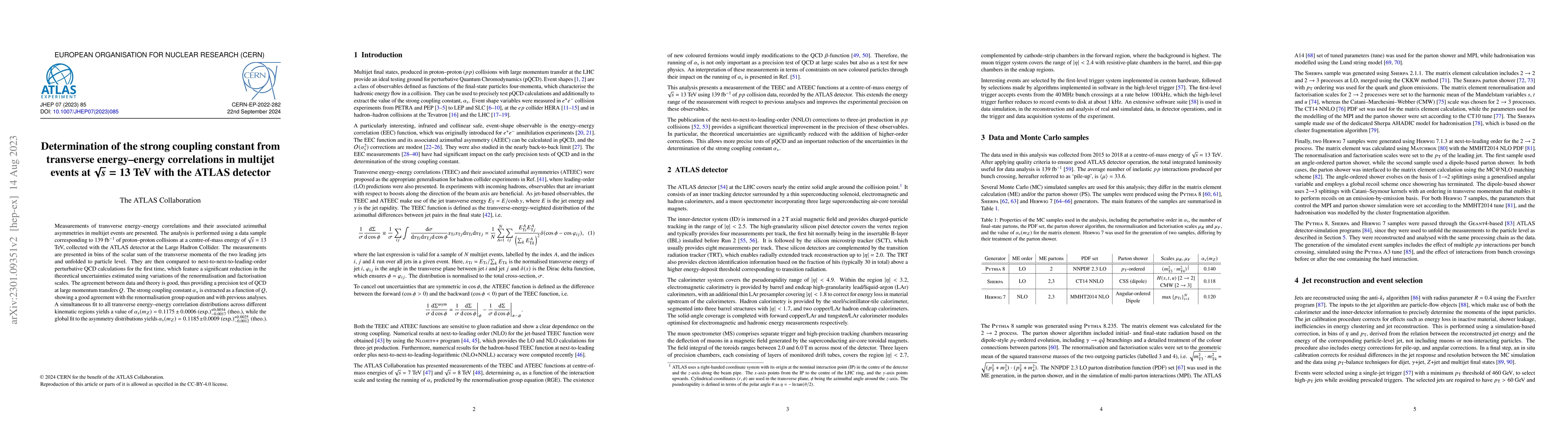 Thumbnail for Determination of the strong coupling constant from transverse
  energy$-$energy correlations in multijet events at $\sqrt{s} = 13$ TeV with
  the ATLAS detector