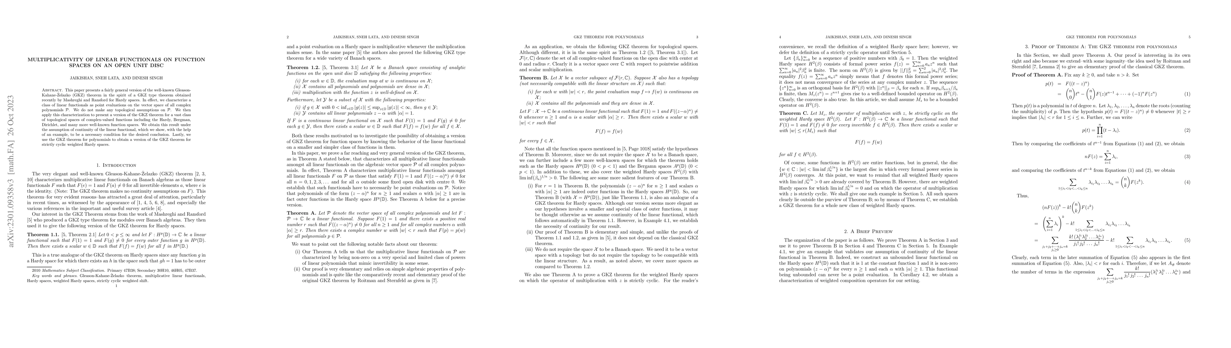 Thumbnail for Multiplicativity of linear functionals on function spaces on an open
  unit disc