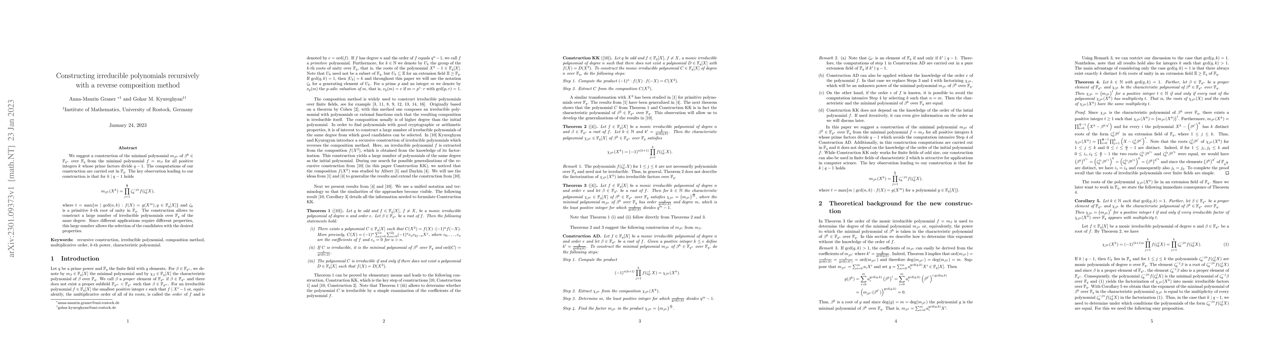 Thumbnail for Constructing irreducible polynomials recursively with a reverse
  composition method