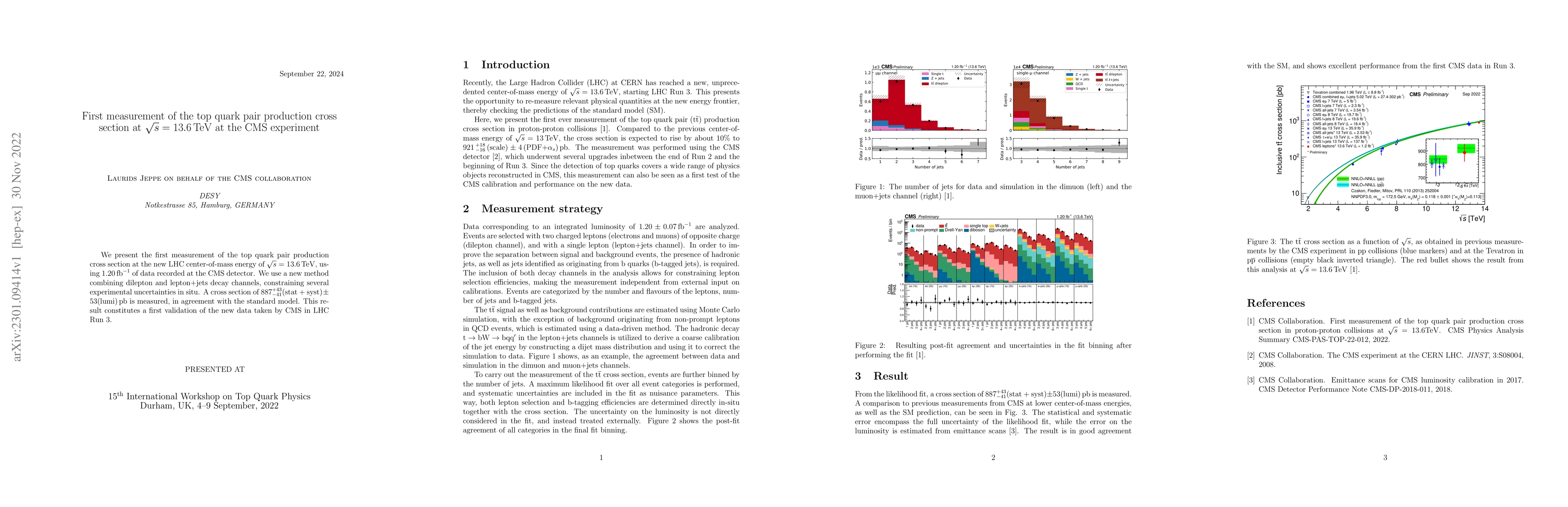 Thumbnail for First measurement of the top quark pair production cross section at
  $\sqrt{s} = 13.6 \, \mathrm{TeV}$ at the CMS experiment