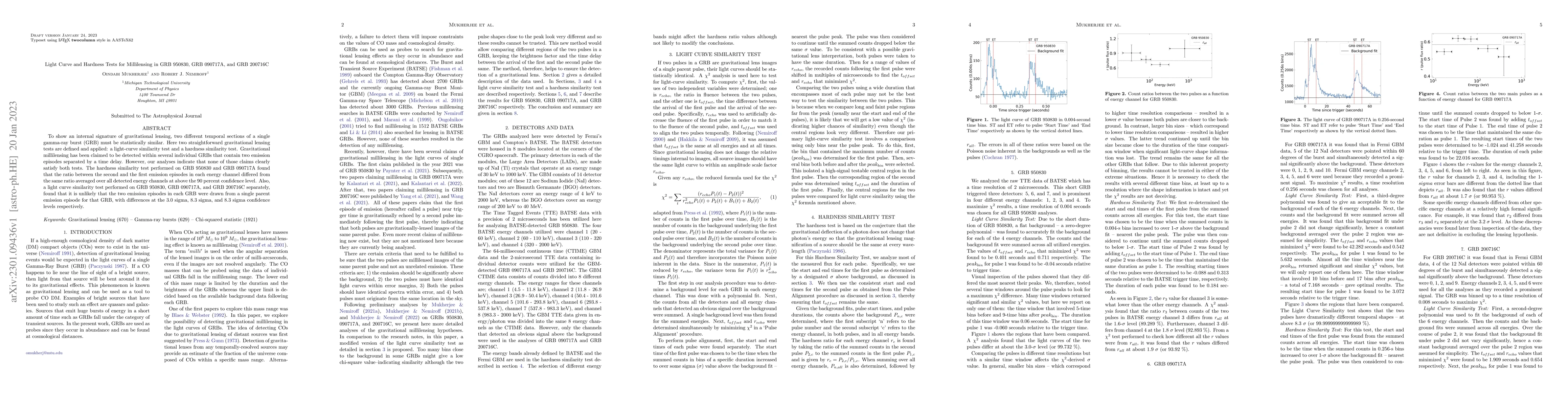 Thumbnail for Light Curve and Hardness Tests for Millilensing in GRB 950830, GRB
  090717A, and GRB 200716C