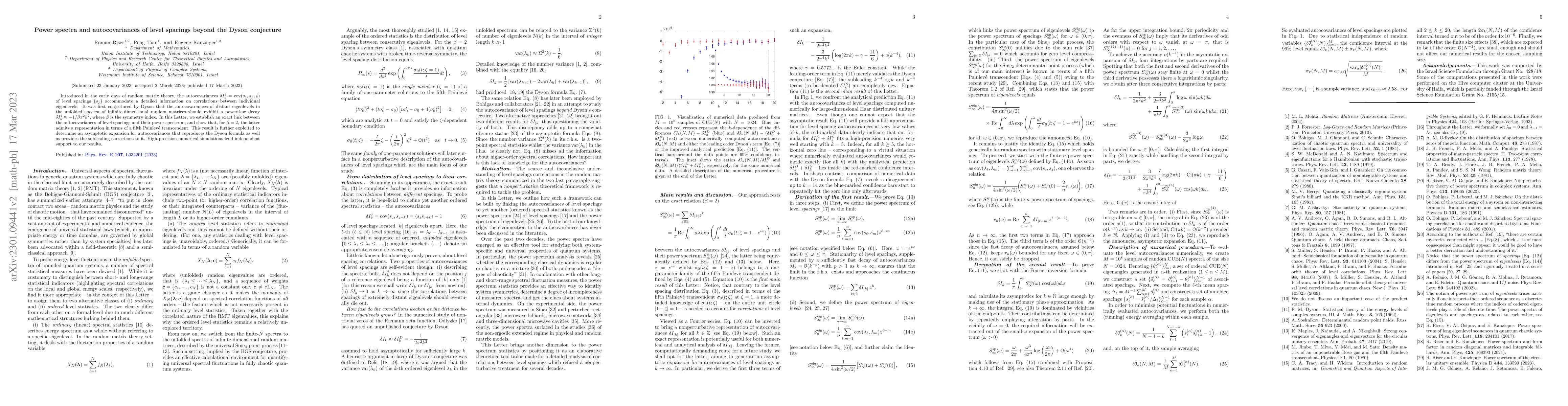 Thumbnail for Power spectra and autocovariances of level spacings beyond the Dyson
  conjecture