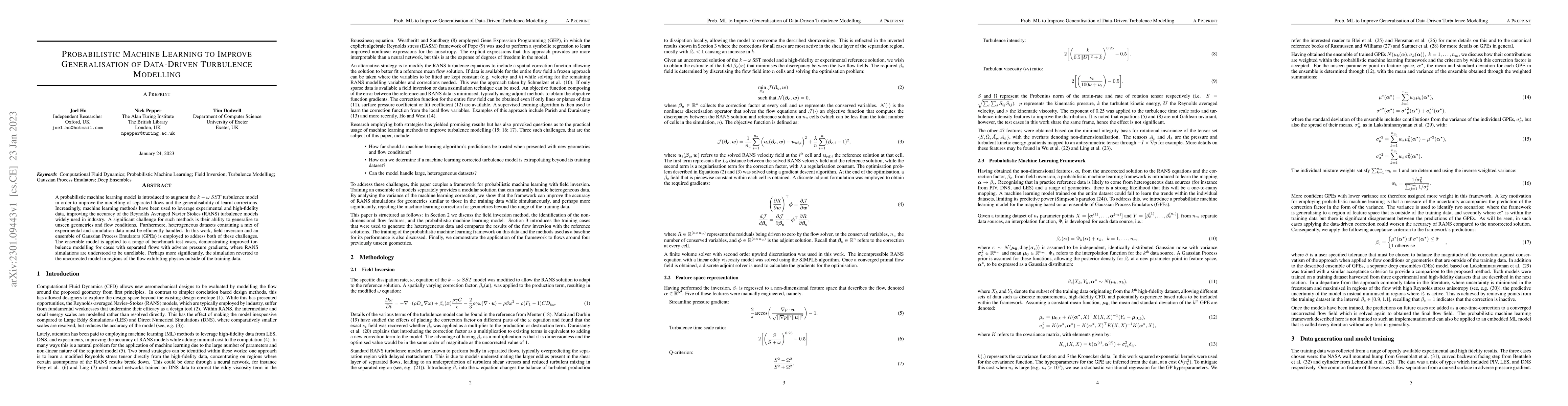Thumbnail for Probabilistic Machine Learning to Improve Generalisation of Data-Driven
  Turbulence Modelling