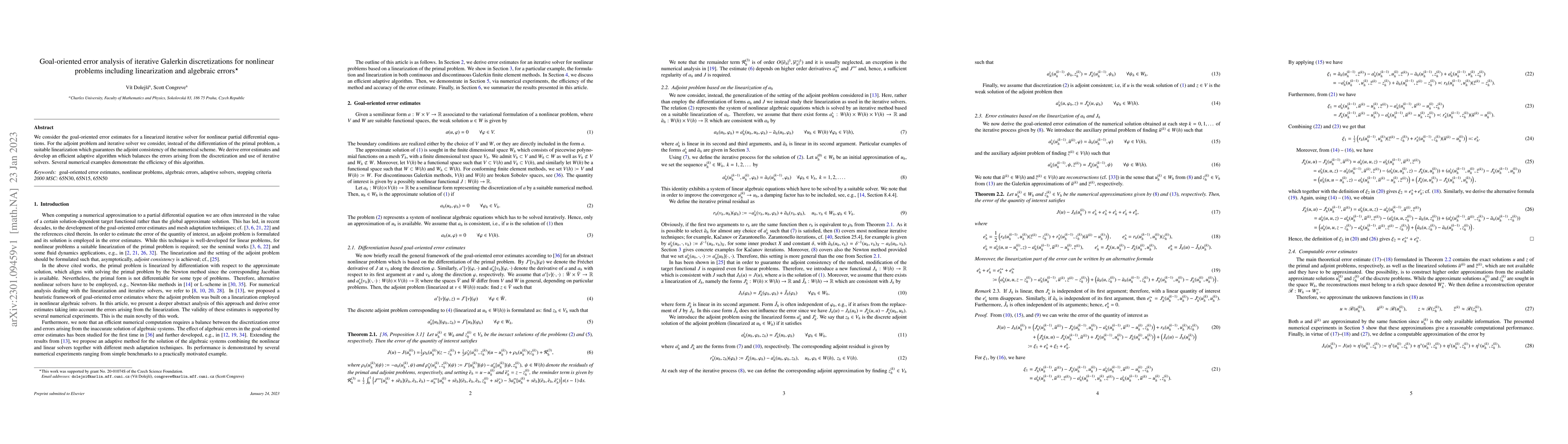 Thumbnail for Goal-oriented error analysis of iterative Galerkin discretizations for
  nonlinear problems including linearization and algebraic errors