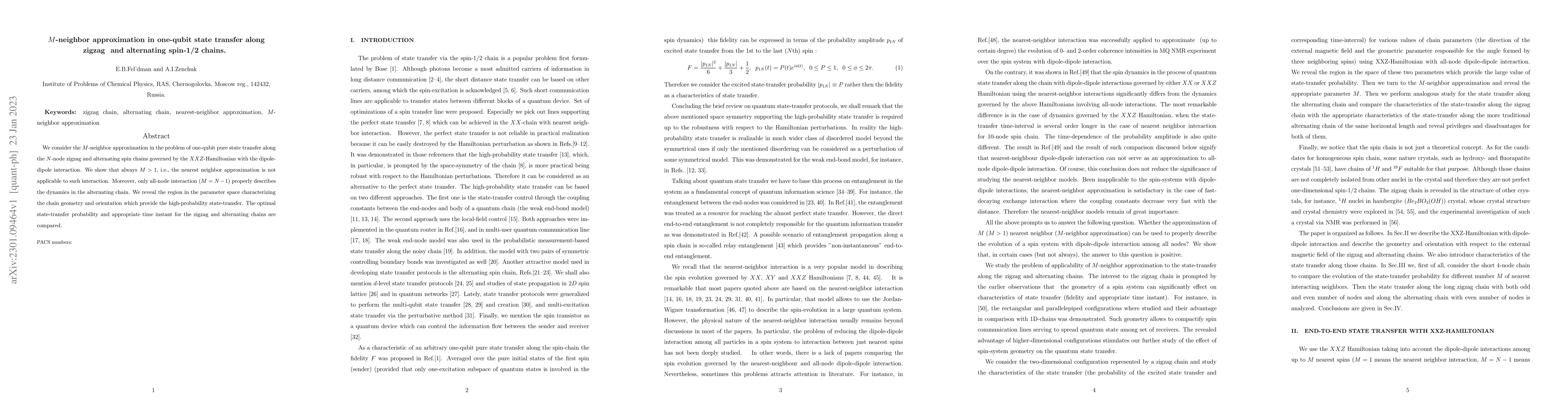 Thumbnail for M-neighbor approximation in one-qubit state transfer along zigzag and
  alternating spin-1/2 chains