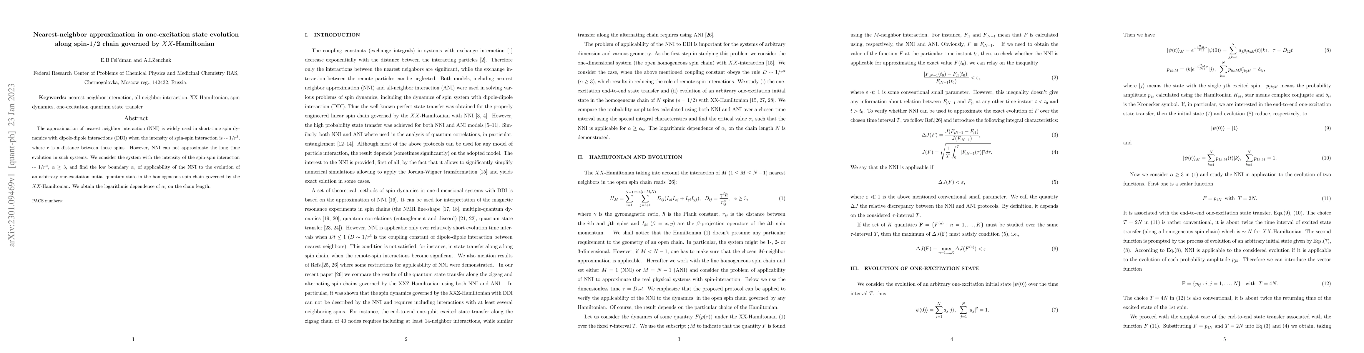 Thumbnail for Nearest-neighbor approximation in one-excitation state evolution along
  spin-1/2 chain governed by XX-Hamiltonian