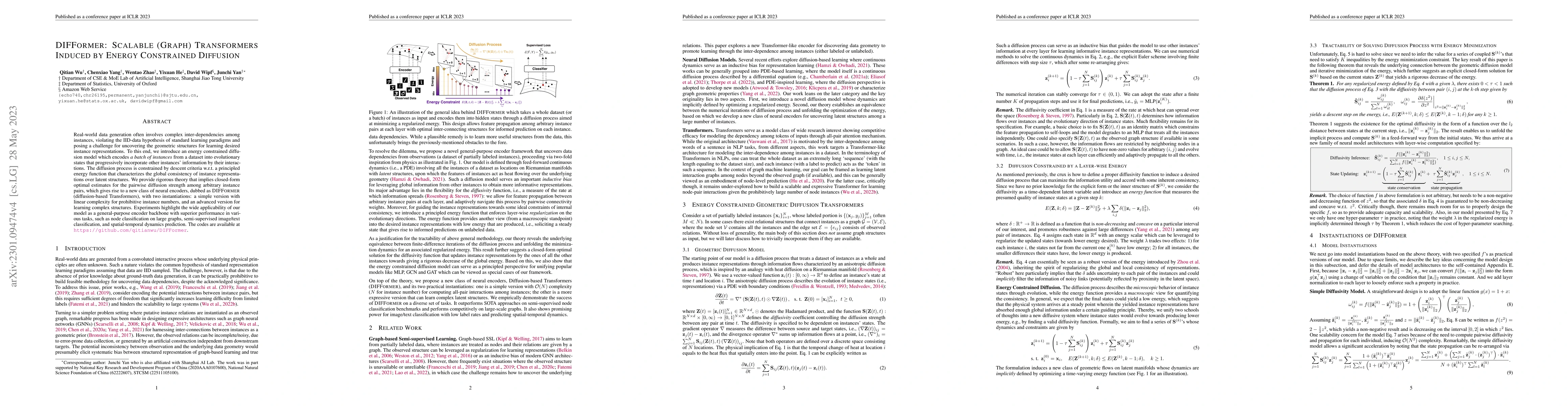 Thumbnail for DIFFormer: Scalable (Graph) Transformers Induced by Energy Constrained
  Diffusion