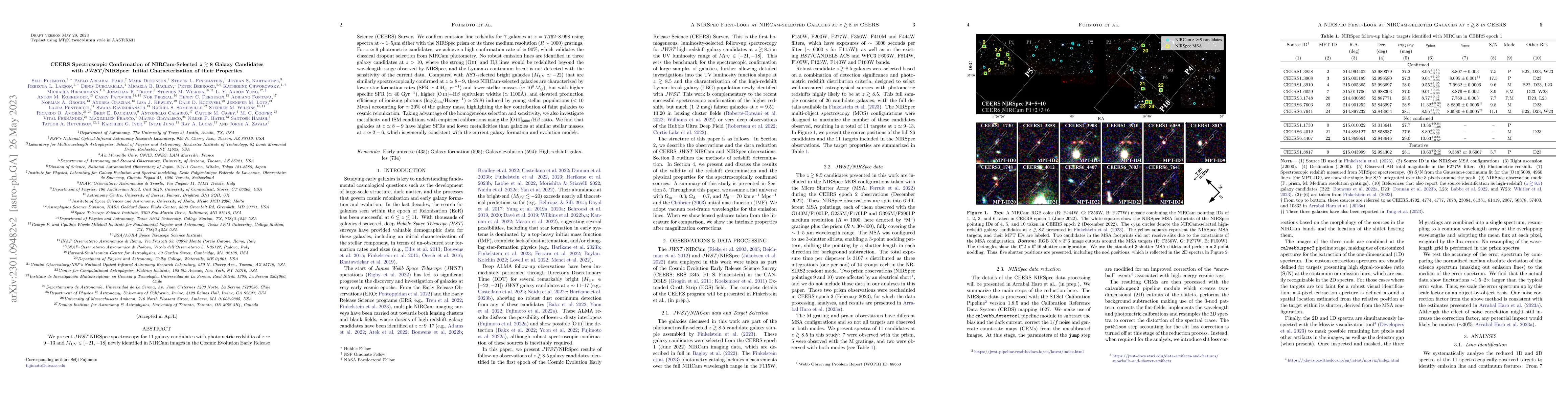 Thumbnail for CEERS Spectroscopic Confirmation of NIRCam-Selected z > 8 Galaxy
  Candidates with JWST/NIRSpec: Initial Characterization of their Properties