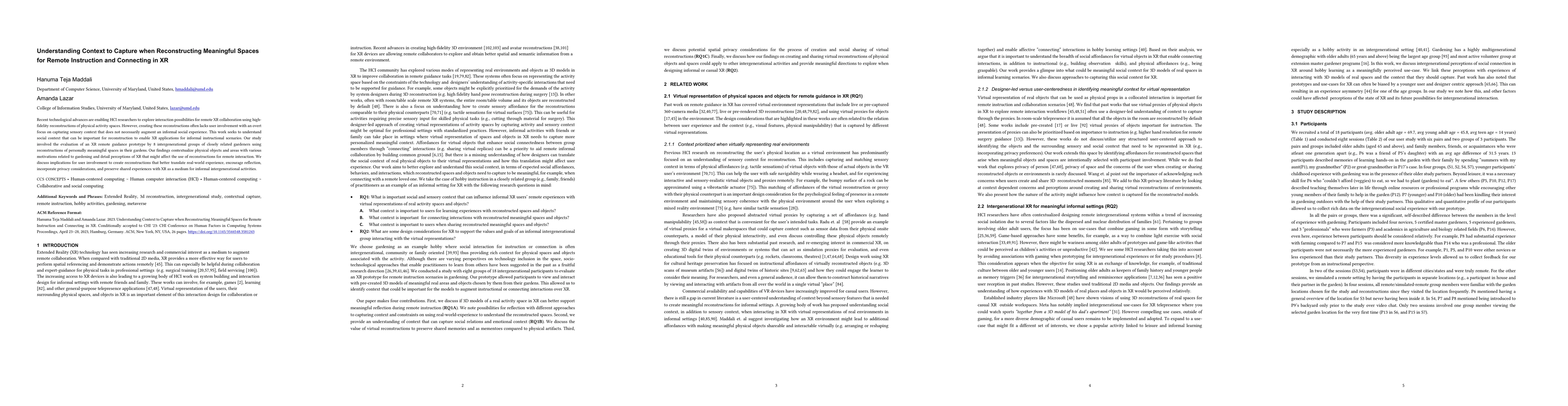 Thumbnail for Understanding Context to Capture when Reconstructing Meaningful Spaces
  for Remote Instruction and Connecting in XR