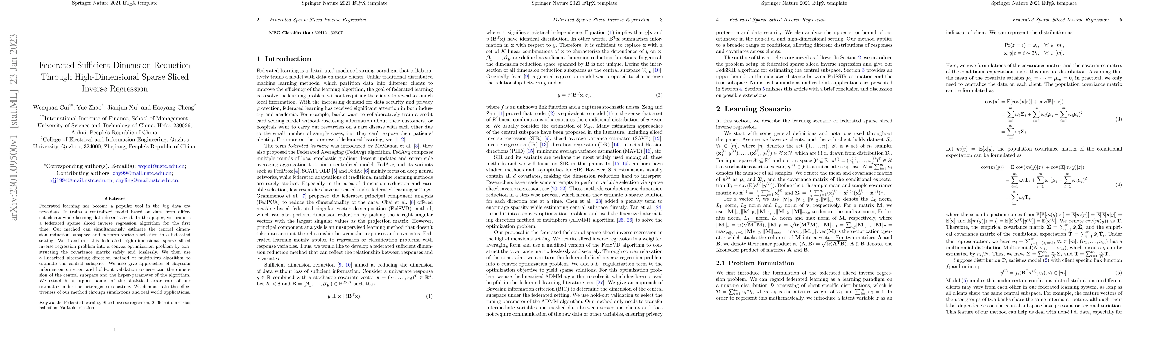 Thumbnail for Federated Sufficient Dimension Reduction Through High-Dimensional Sparse
  Sliced Inverse Regression