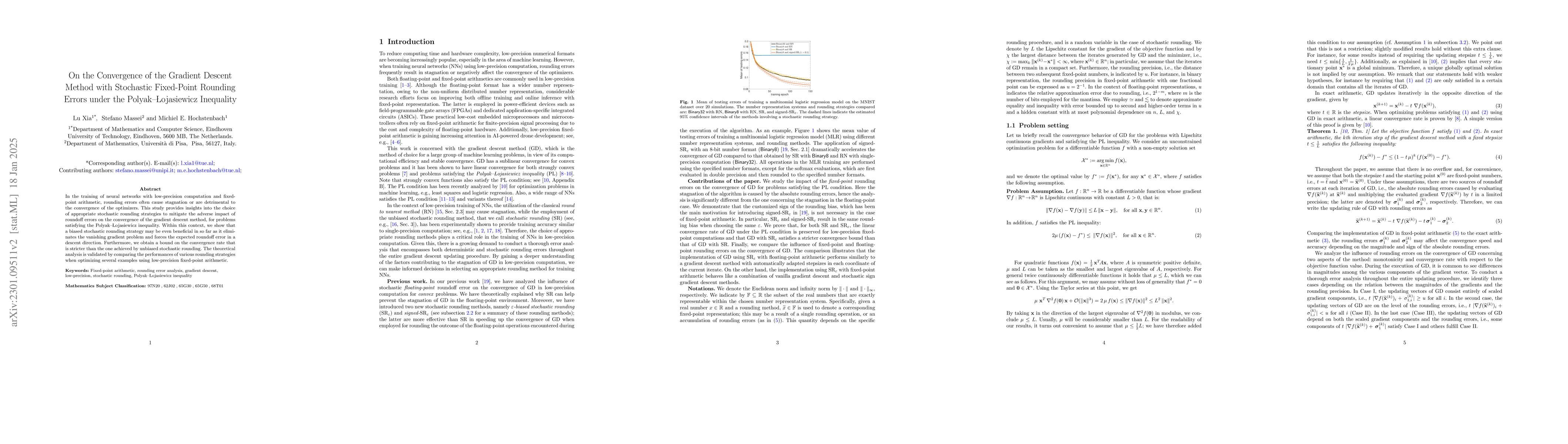 Thumbnail for On the Convergence of the Gradient Descent Method with Stochastic
  Fixed-point Rounding Errors under the Polyak-Lojasiewicz Inequality