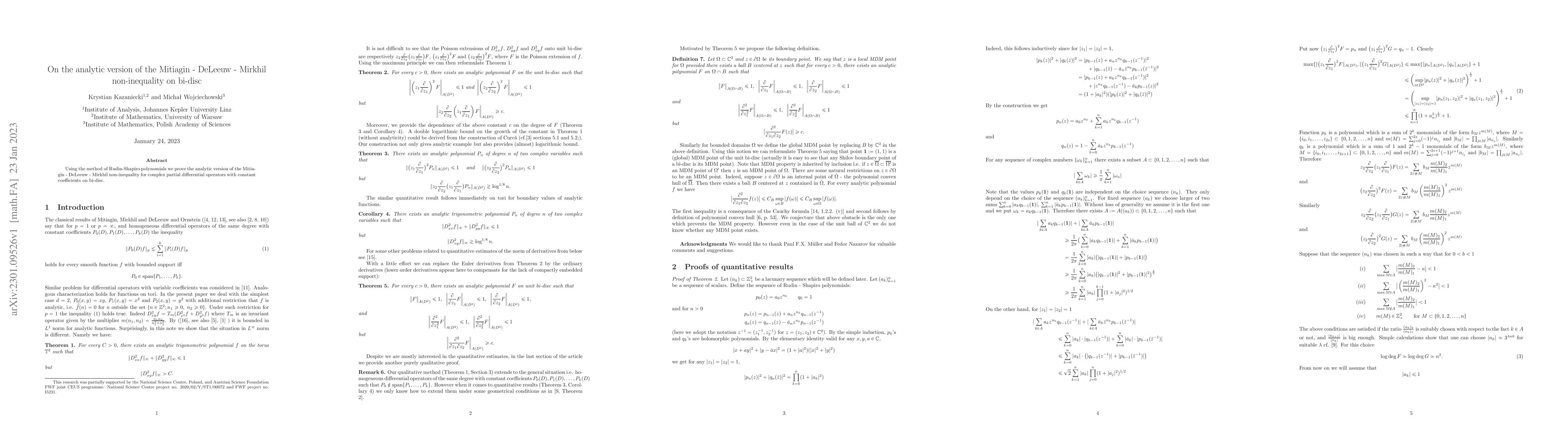 Thumbnail for On the analytic version of the Mitiagin-DeLeeuw-Mirkhil non-inequality
  on bi-disc